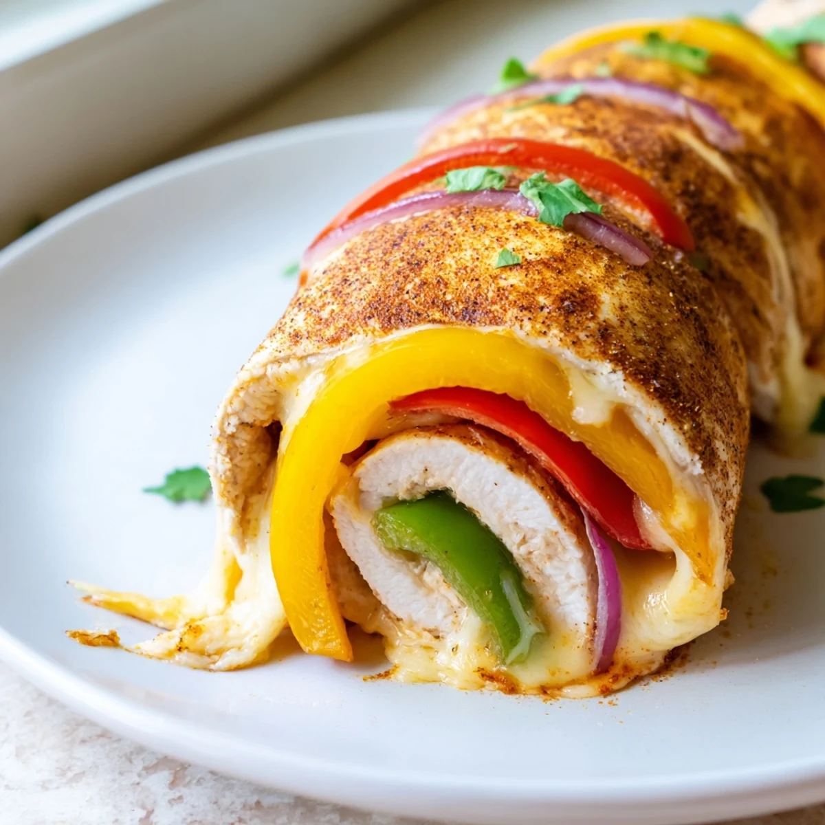Juicy baked chicken fajita roll ups garnished with fresh cilantro and lime wedges
