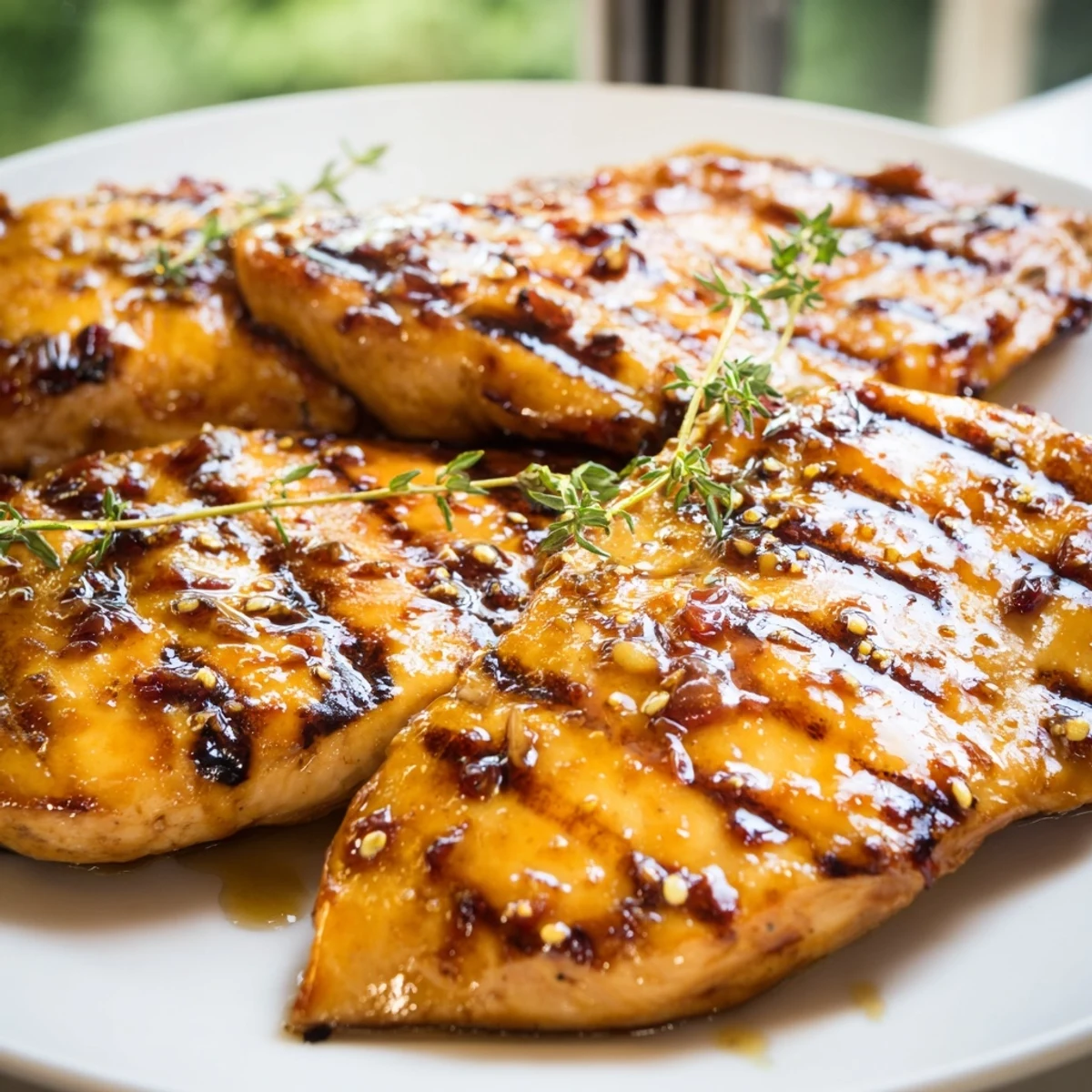Golden Maple Dijon grilled chicken with caramelized glaze and bold grill marks on a rustic plate