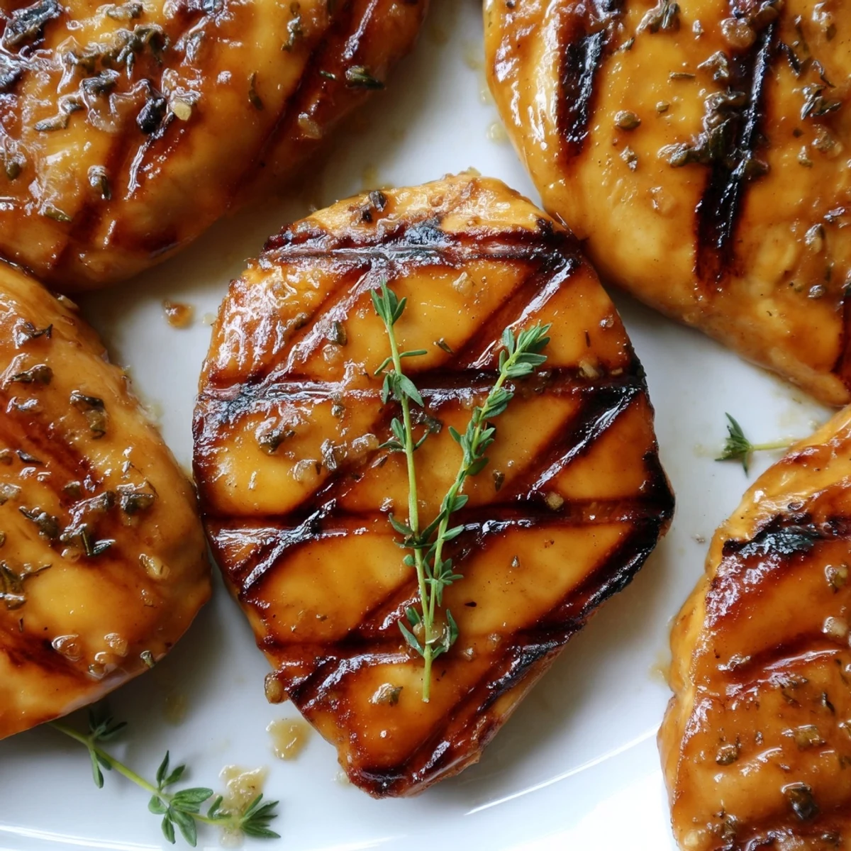 Juicy Maple Dijon grilled chicken sliced open, revealing tender meat brushed with a sweet, sticky glaze