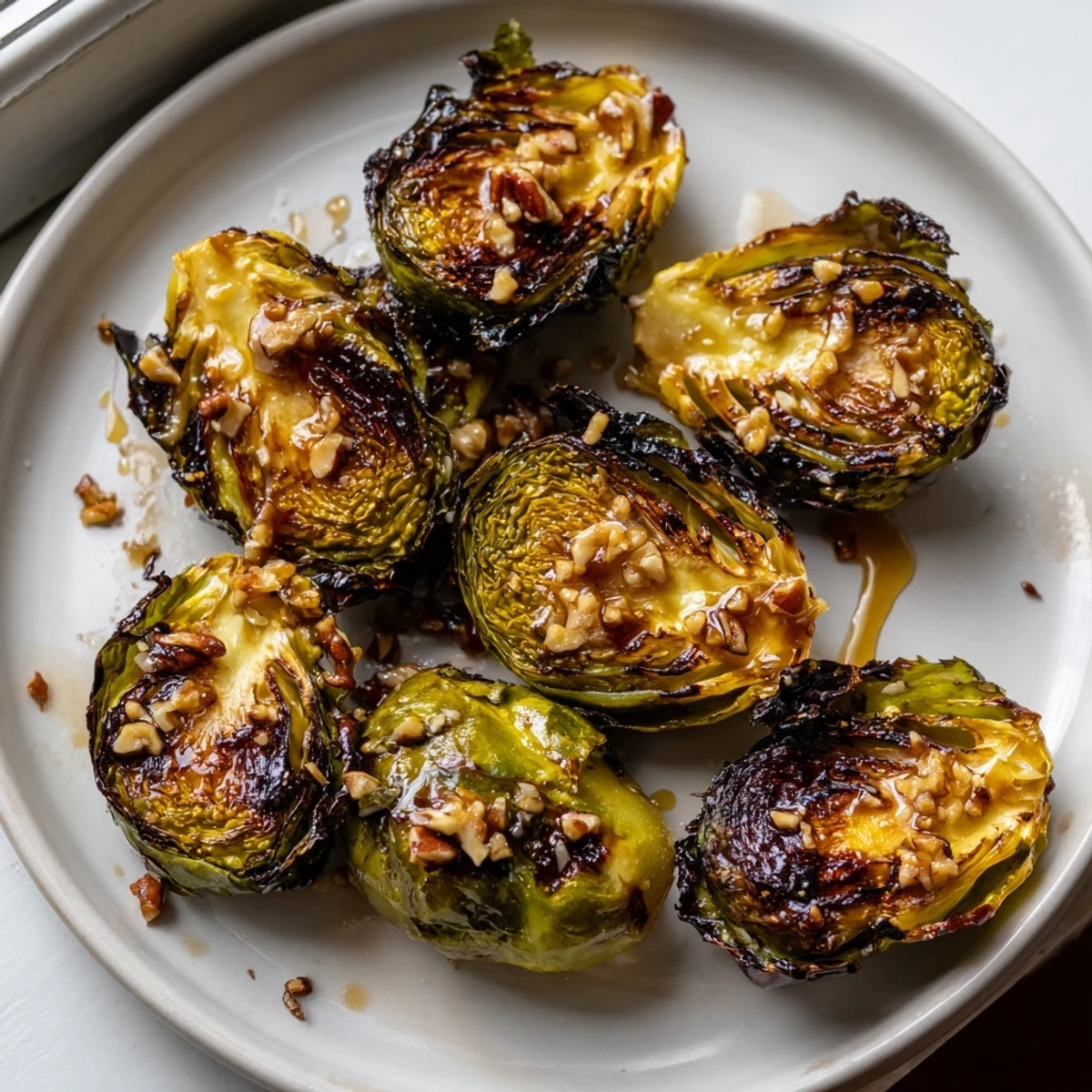 Crispy honey balsamic Brussels sprouts roasted golden with caramelized edges on a dark baking sheet