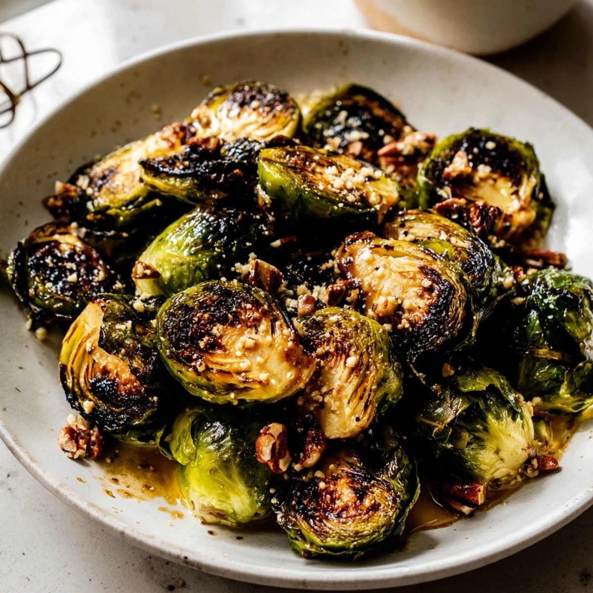 Honey balsamic Brussels sprouts glistening with glossy glaze piled in a warm serving bowl