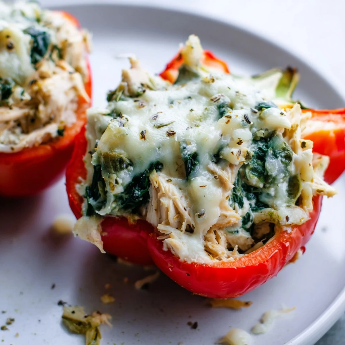 Golden bubbling chicken Florentine stuffed peppers served hot from the oven