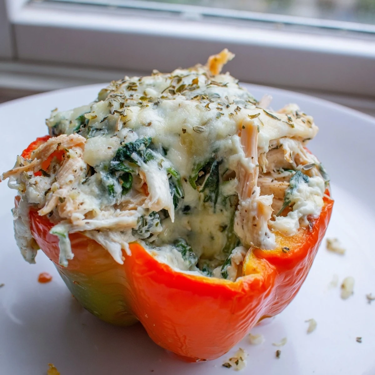 Baked chicken Florentine stuffed peppers with melted mozzarella and tender wilted spinach