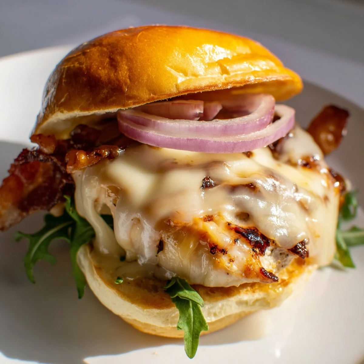 Maple Chicken Bacon Sliders stacked high with crispy bacon and melted cheddar on golden toasted buns