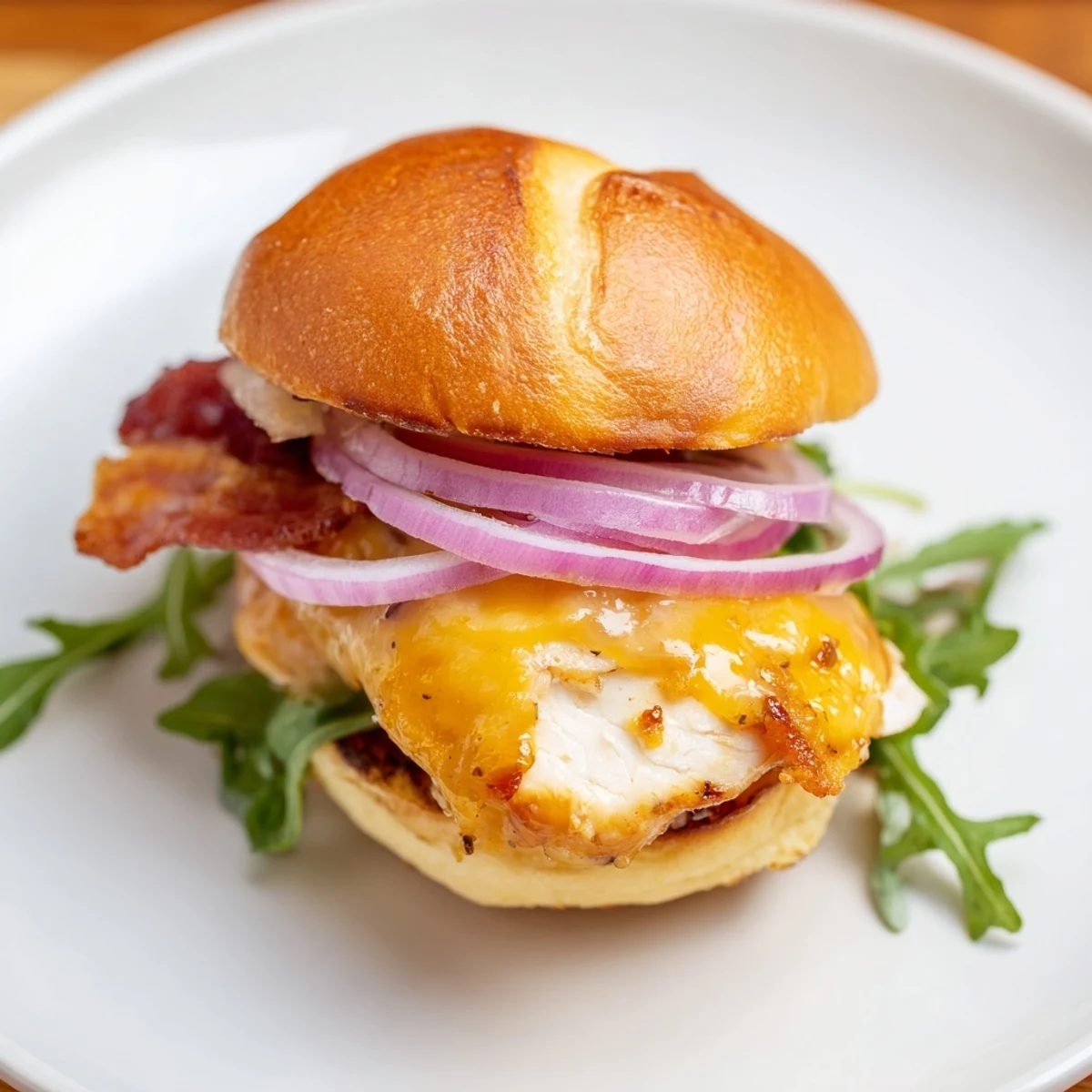 Glistening maple glazed chicken topped with crunchy bacon and fresh arugula on soft slider buns