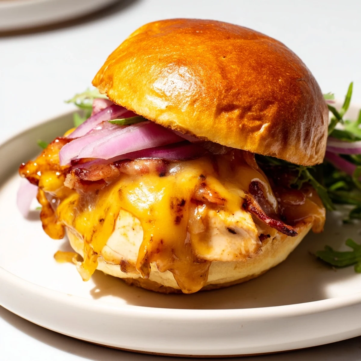 Juicy maple chicken bacon sliders drizzled with sweet syrup served alongside crispy sweet potato fries