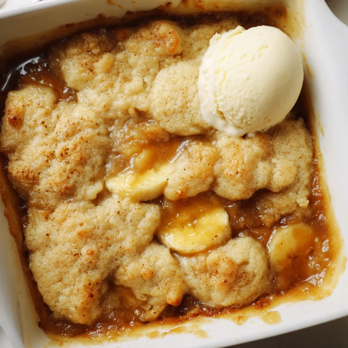 Golden Southern Banana Cobbler fresh from the oven with caramelized bubbling fruit