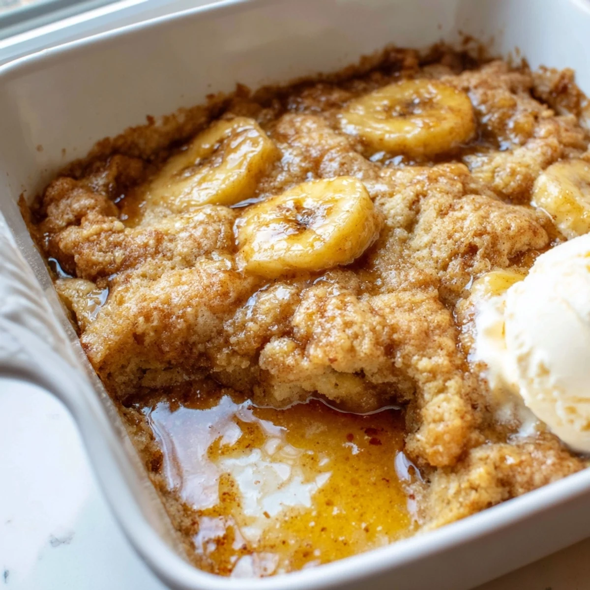 Warm Southern Banana Cobbler served in a rustic dish with melted buttery topping