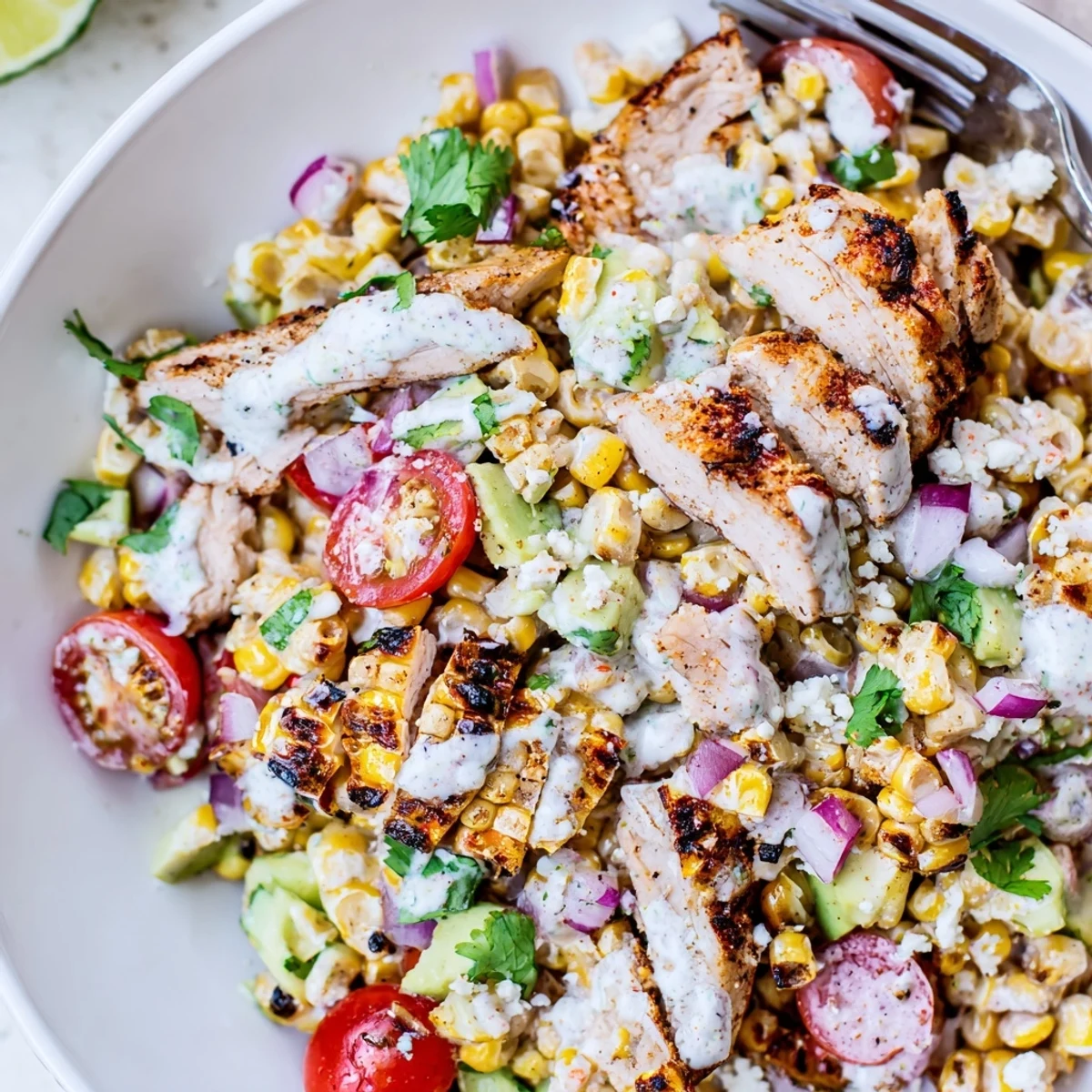 Colorful High Protein Chicken Street Corn Salad in a rustic bowl with creamy lime dressing