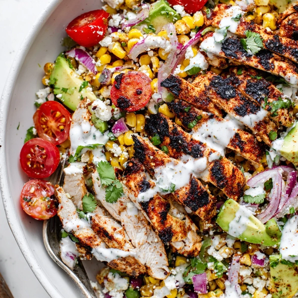 Creamy cilantro-lime dressing drizzled over High Protein Chicken Street Corn Salad with crumbled cotija cheese