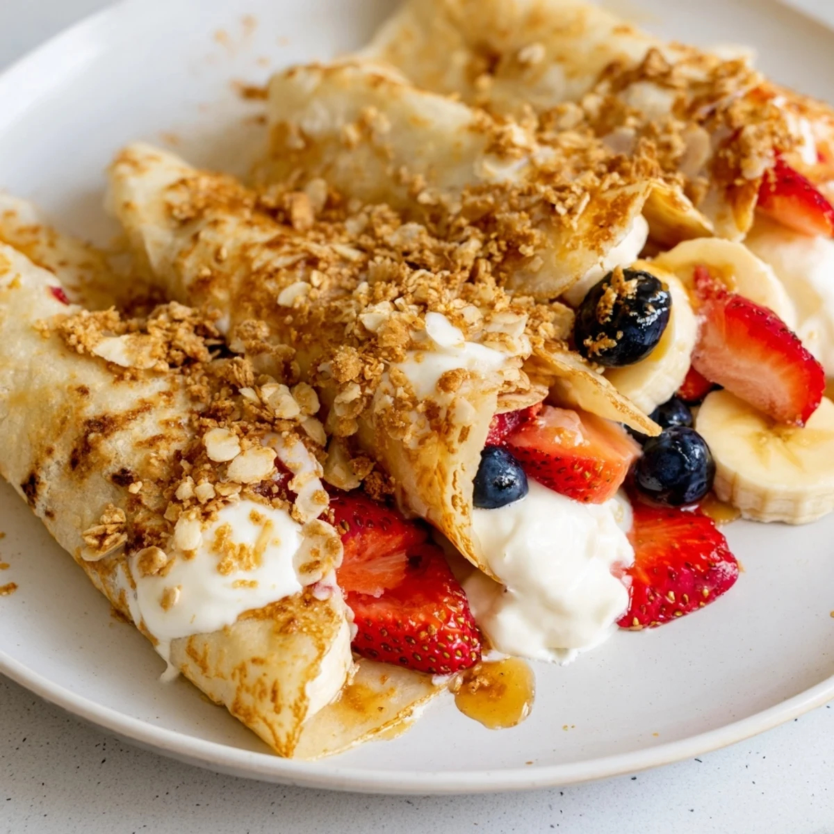Soft pancake tacos arranged on a platter topped with whipped cream and sliced strawberries