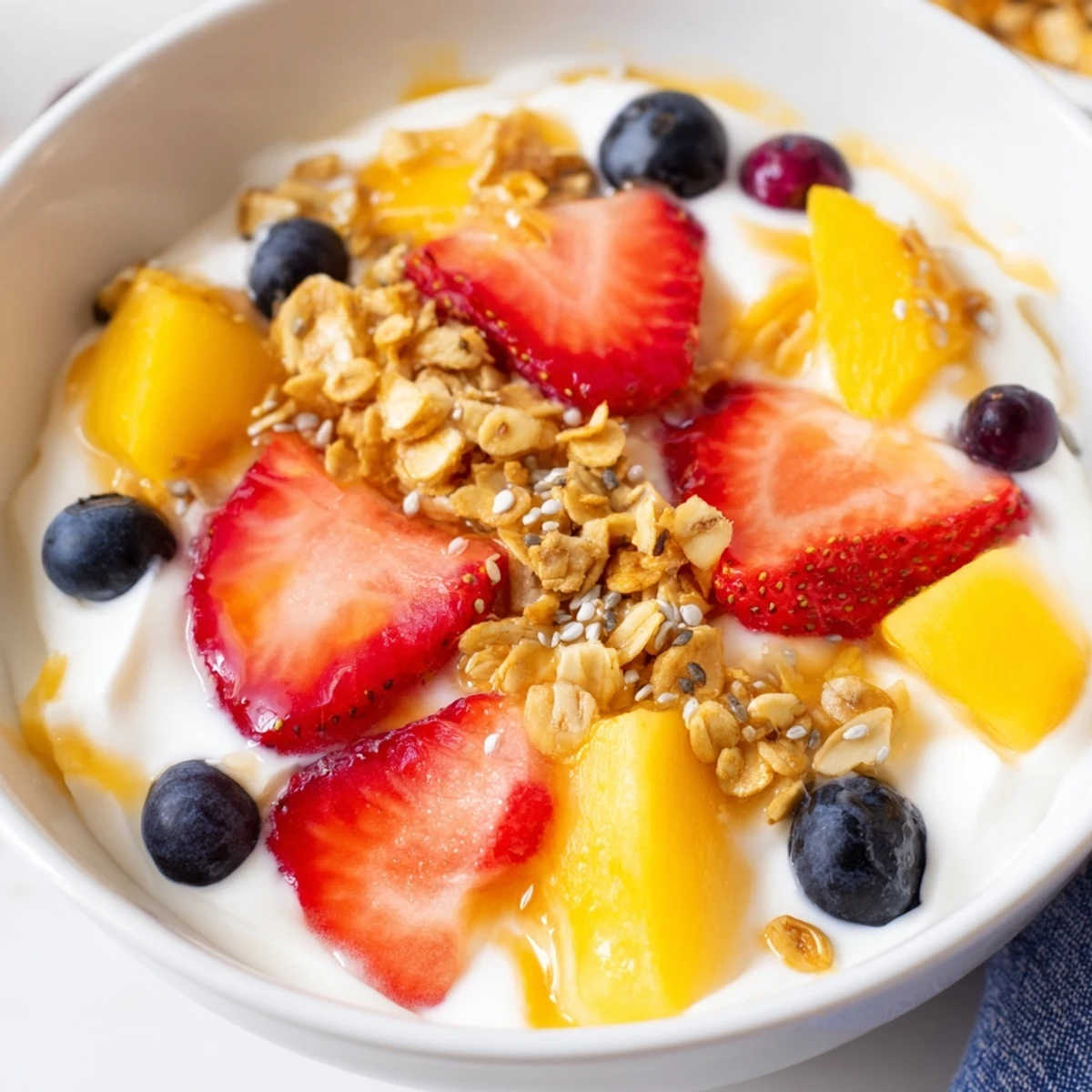 Creamy yogurt fruit bowl topped with colorful berries, mango, and crunchy granola