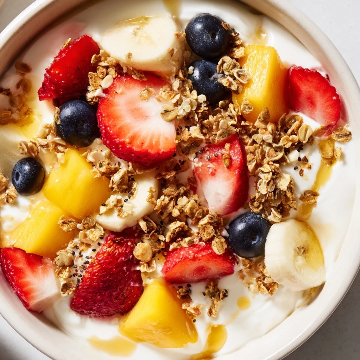 Thick Greek yogurt fruit bowl layered with ripe banana, blueberries, and seeds