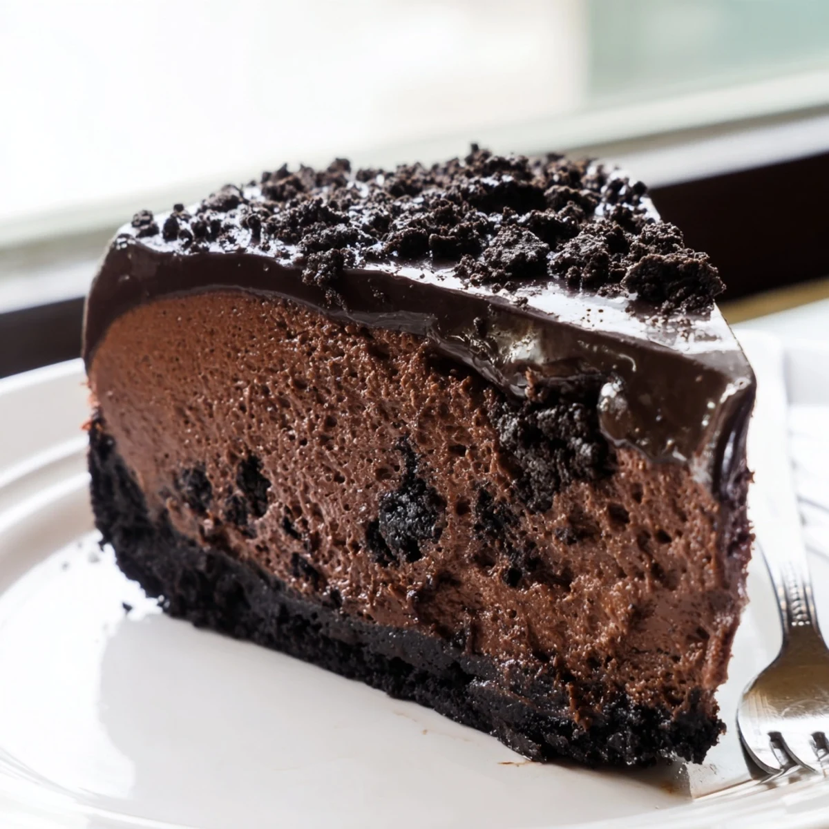 Creamy Oreo chocolate cheesecake sliced thick with glossy ganache dripping down each piece