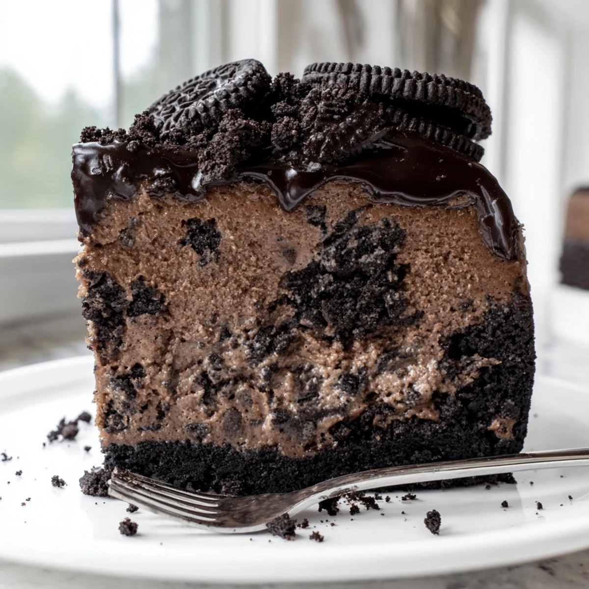 Rich Oreo chocolate cheesecake topped with dark ganache and scattered cookie crumb garnish