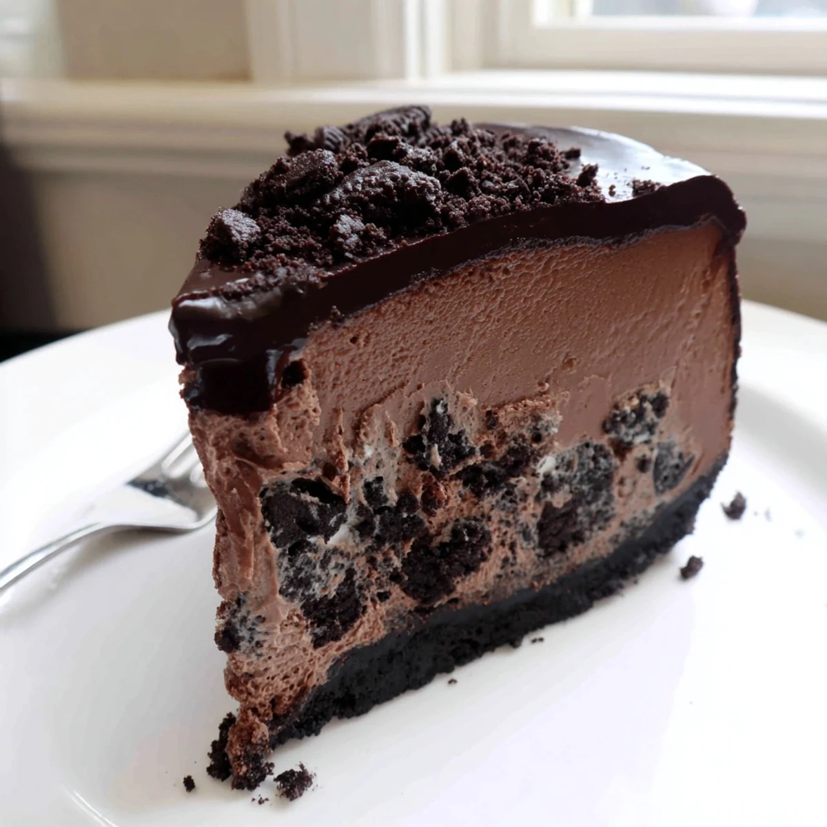 Decadent Oreo chocolate cheesecake on a plate showing off its crunchy cookie crust and velvety filling