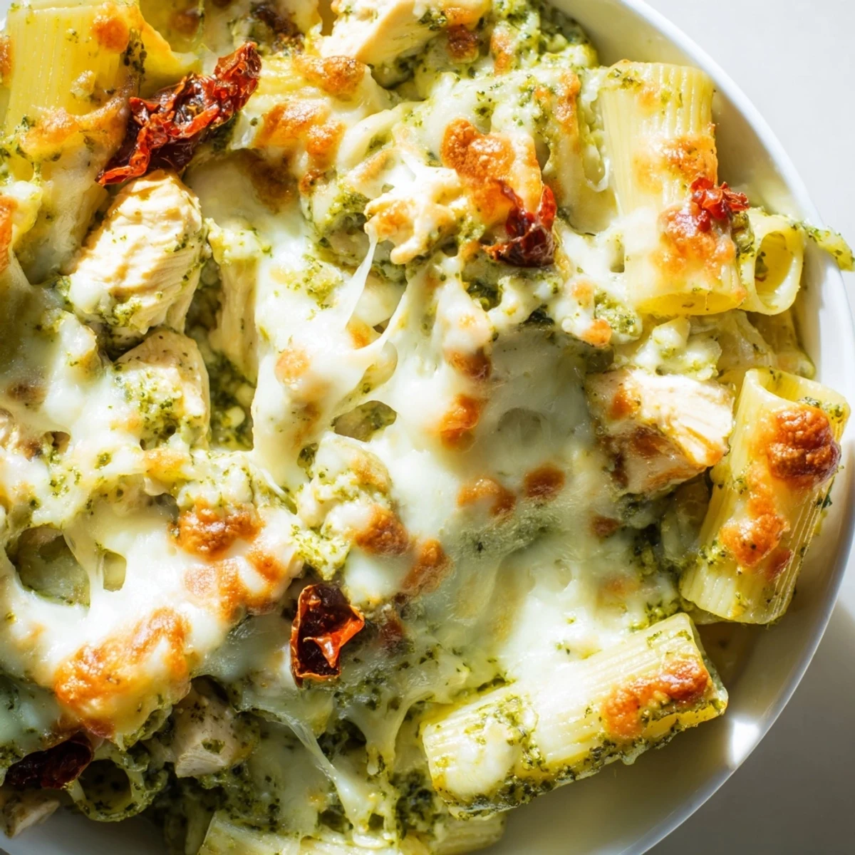 Golden bubbling pesto chicken pasta bake topped with melted mozzarella and fresh basil