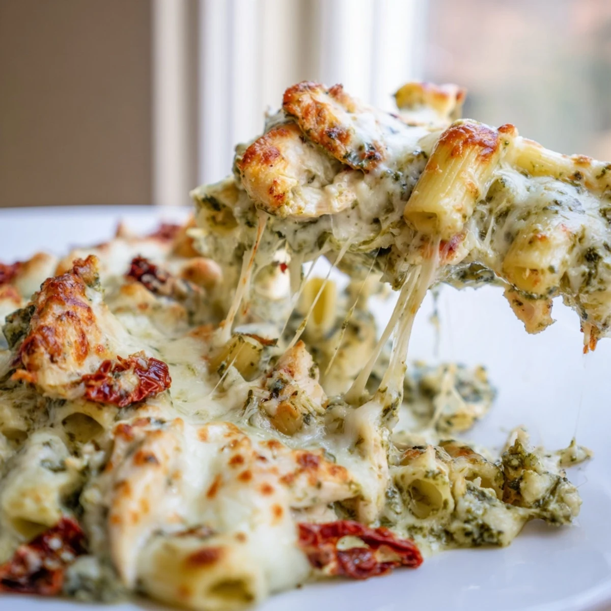 Steaming hot pesto chicken pasta bake scooped from a crispy golden cheese-topped casserole dish