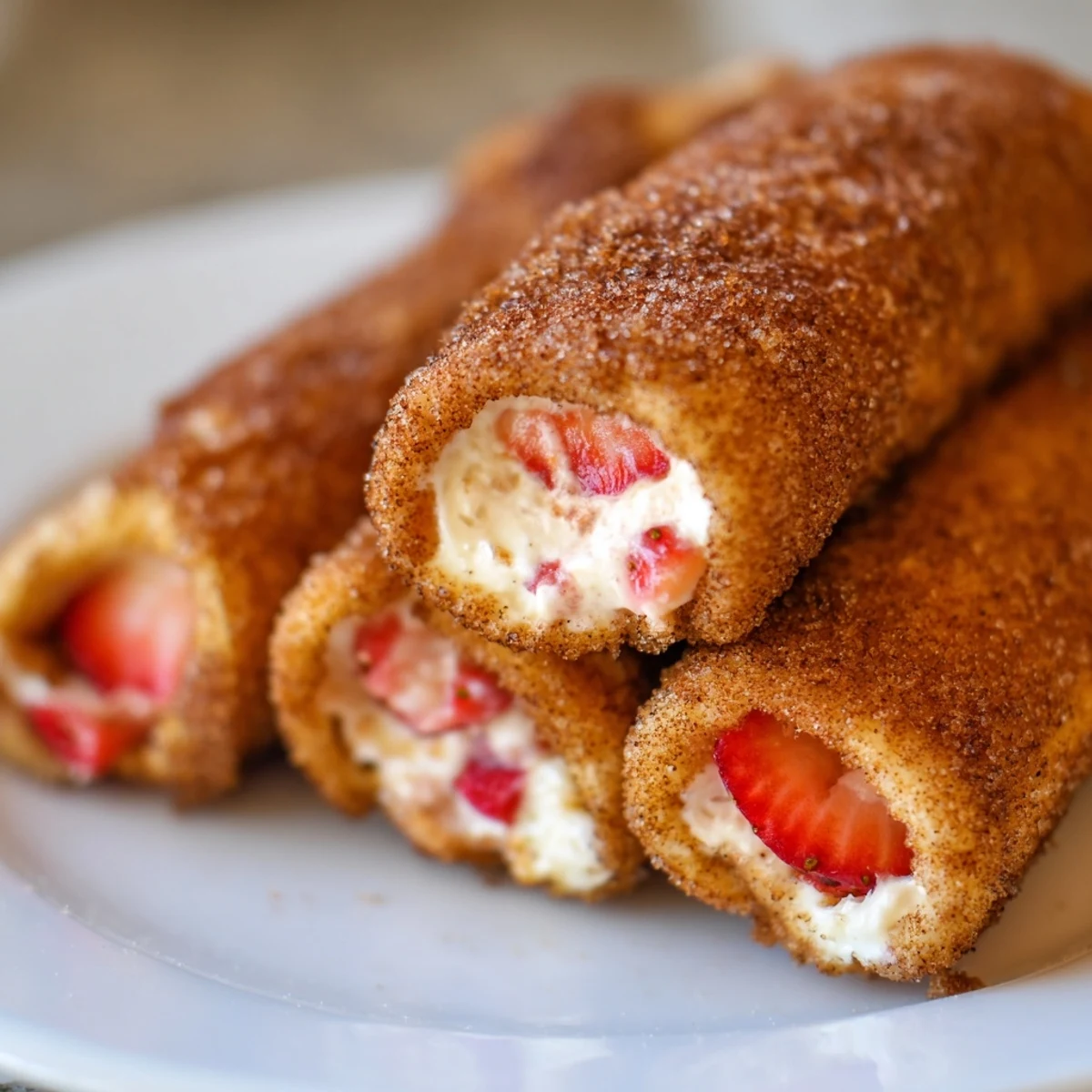 Golden Strawberry Cream Cheese Roll Ups sprinkled with cinnamon sugar on a white plate  