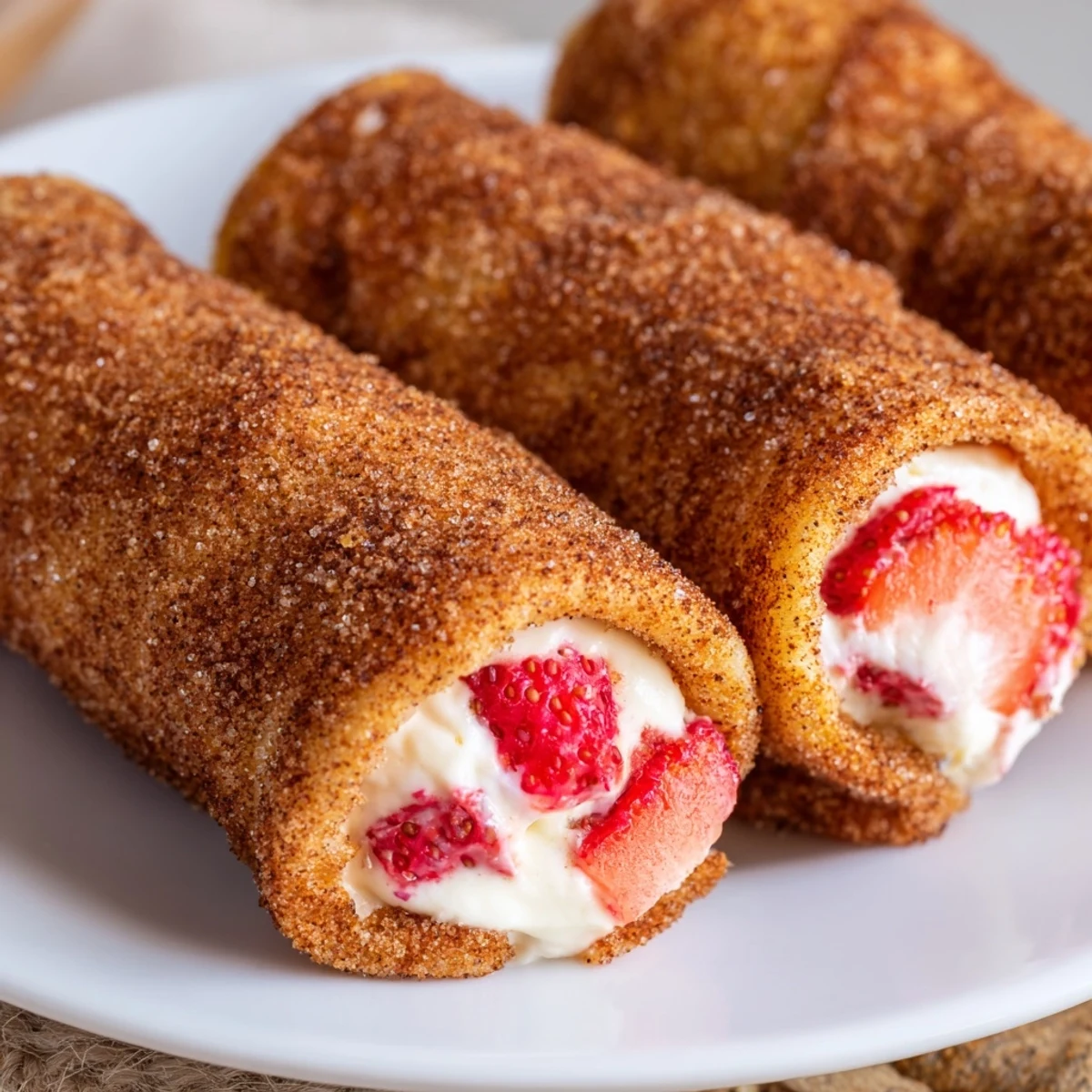 Delicious Strawberry Cream Cheese Roll Ups served with fresh strawberries and a light sugar coating