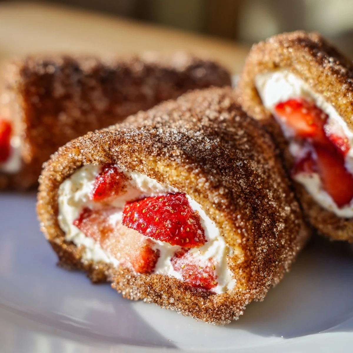 Warm toasted bread wraps filled with sweet strawberry cream cheese mixture dusted with cinnamon  
