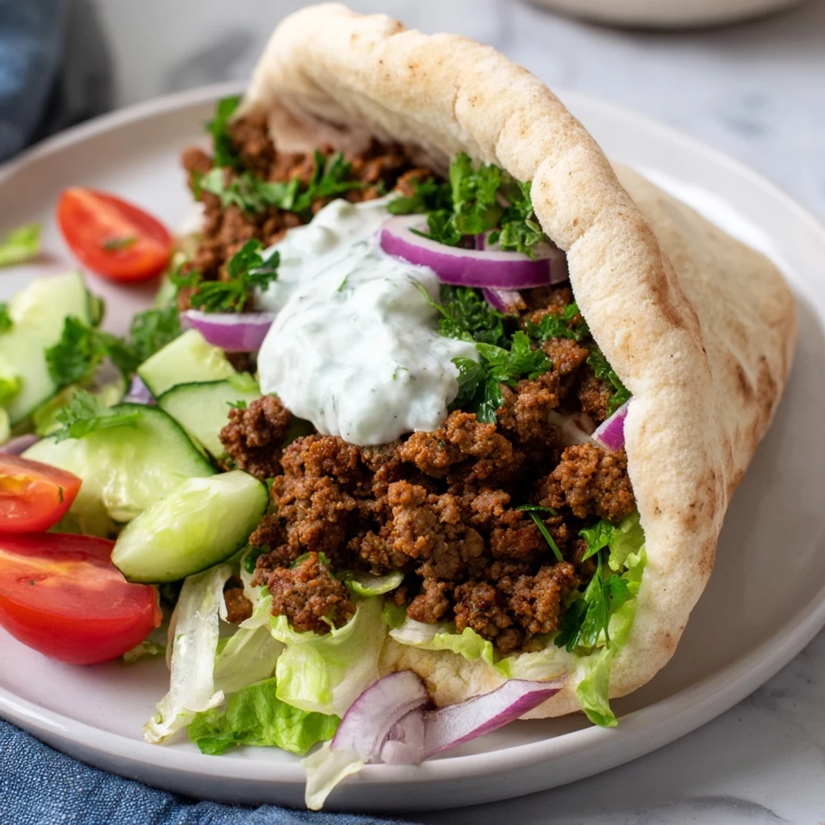 A Mediterranean ground beef pita pocket filled with crisp salad and tangy drizzle