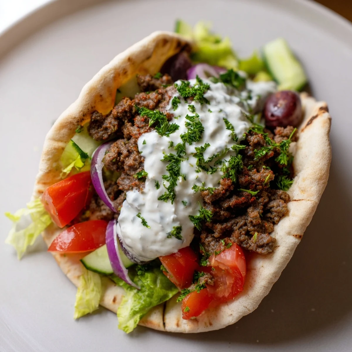 Golden spiced beef stuffed in warm pita with fresh veggies and yogurt sauce