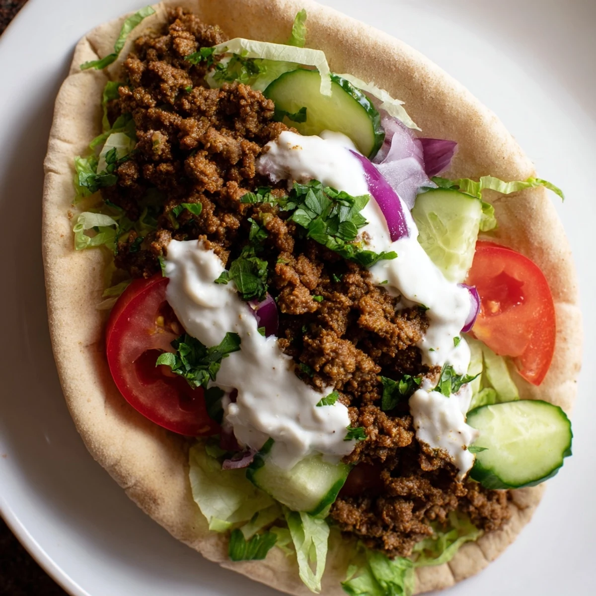Flavorful seasoned ground beef layered inside soft pita bread with creamy garlic sauce