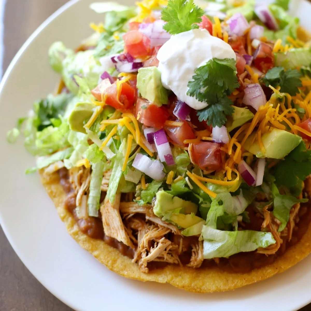 Golden crispy Chicken Tostadas topped with fresh lettuce, cheese, and creamy sour cream.  