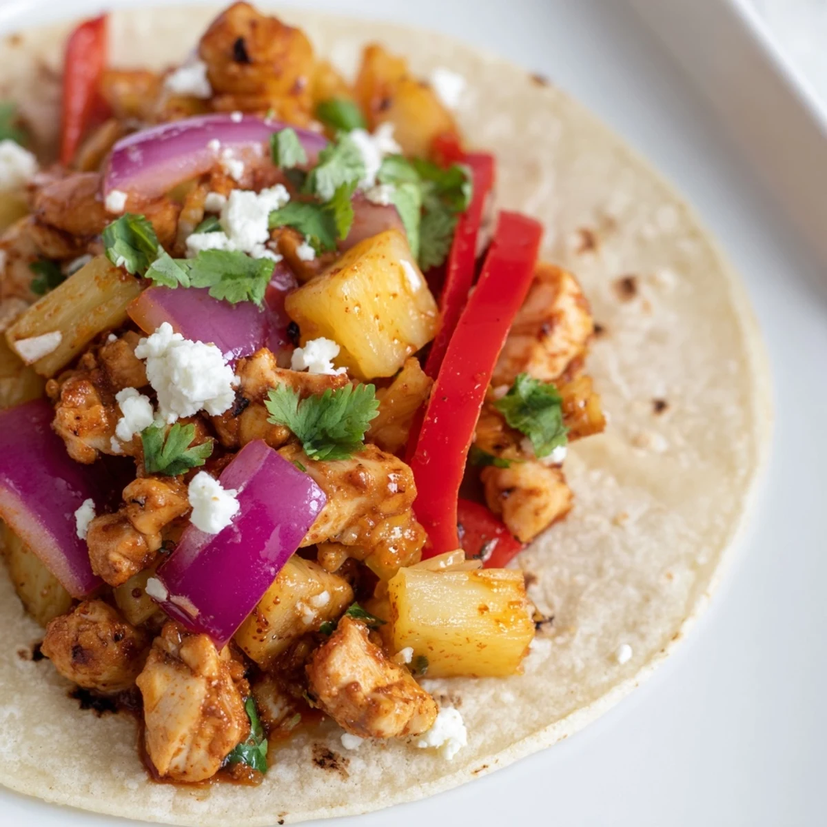 Spicy seasoned chicken sizzles with sweet pineapple in this easy one pan taco recipe.  
