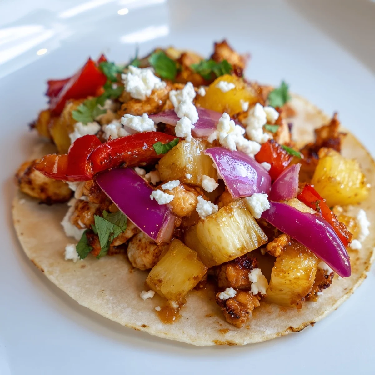 Savory chicken and tender pineapple tacos topped with fresh cilantro and lime wedges.
