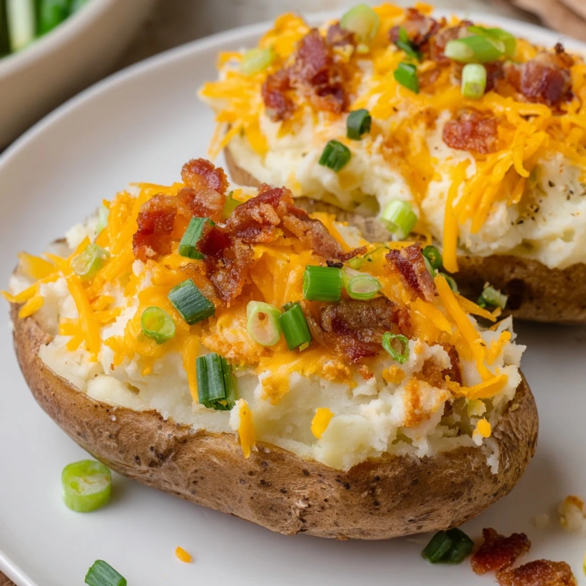 Golden jalapeno popper twice baked potatoes topped with melted cheddar cheese and crispy bacon bits  