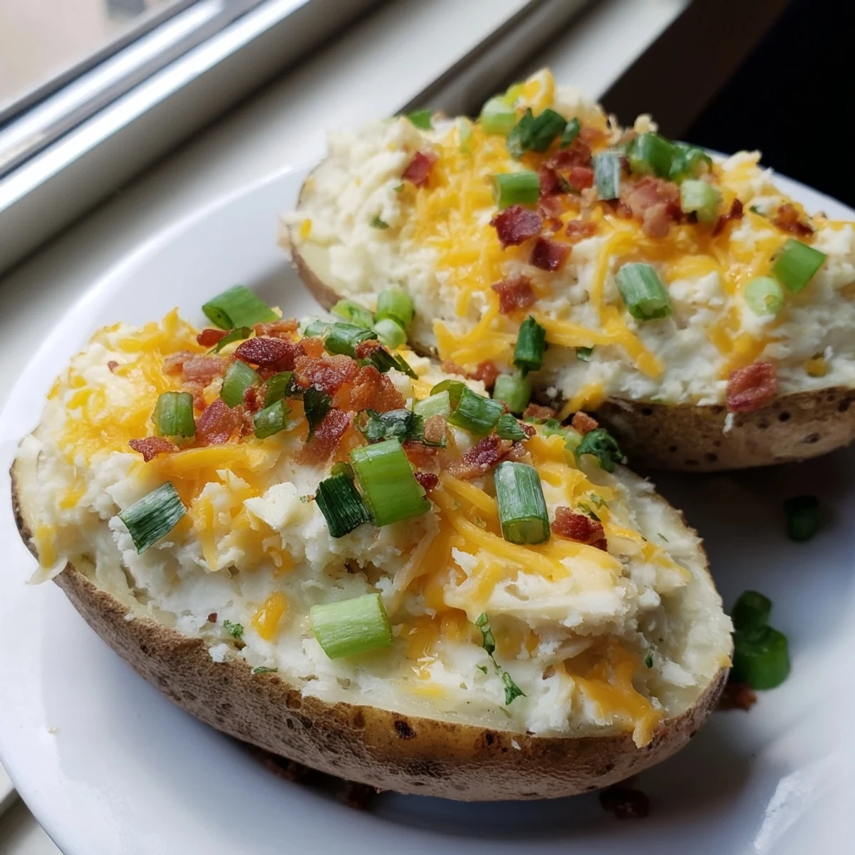 Delicious twice baked potatoes stuffed with cream cheese, jalapenos, and green onions, garnished with chives