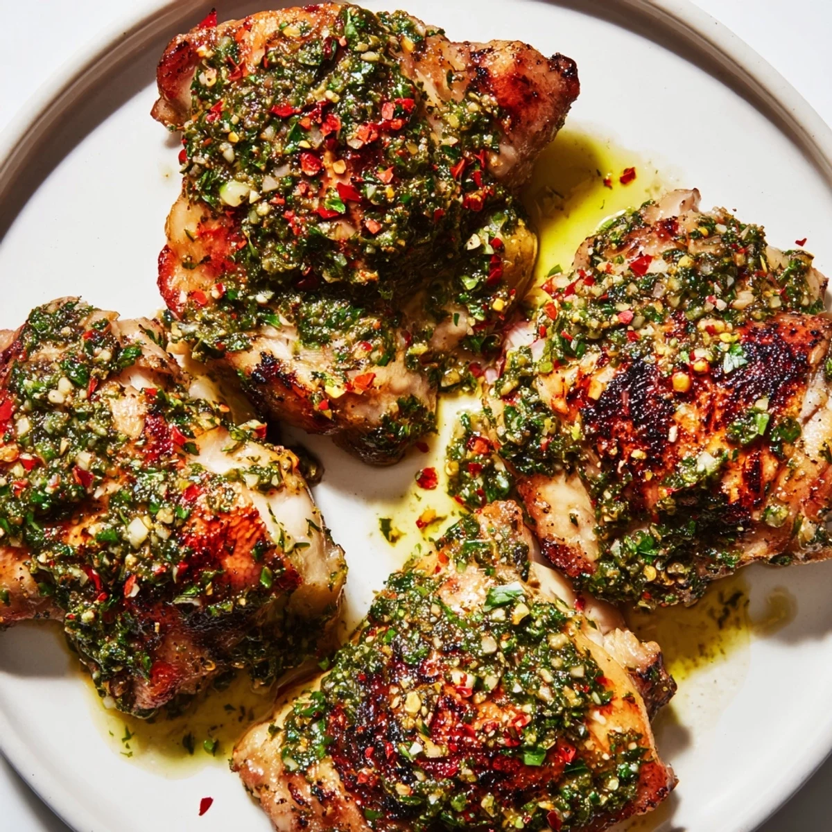 Grilled chimichurri chicken thighs with juicy, herbaceous chimichurri sauce drizzled on top  