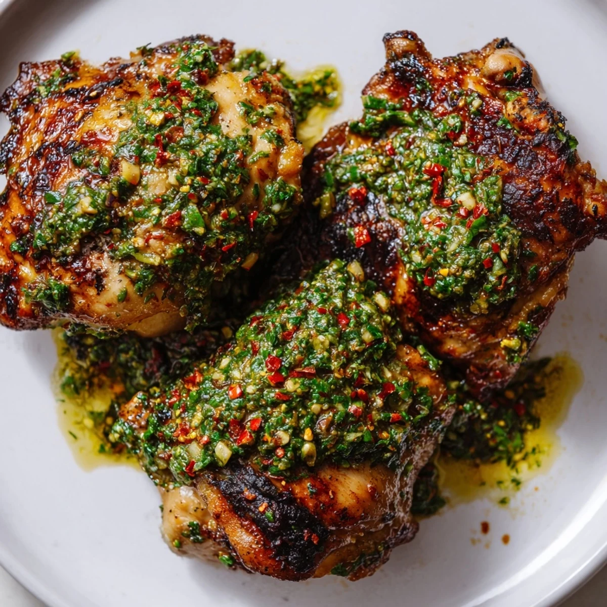 Golden, crispy chimichurri chicken thighs served with fresh parsley and oregano marinade  