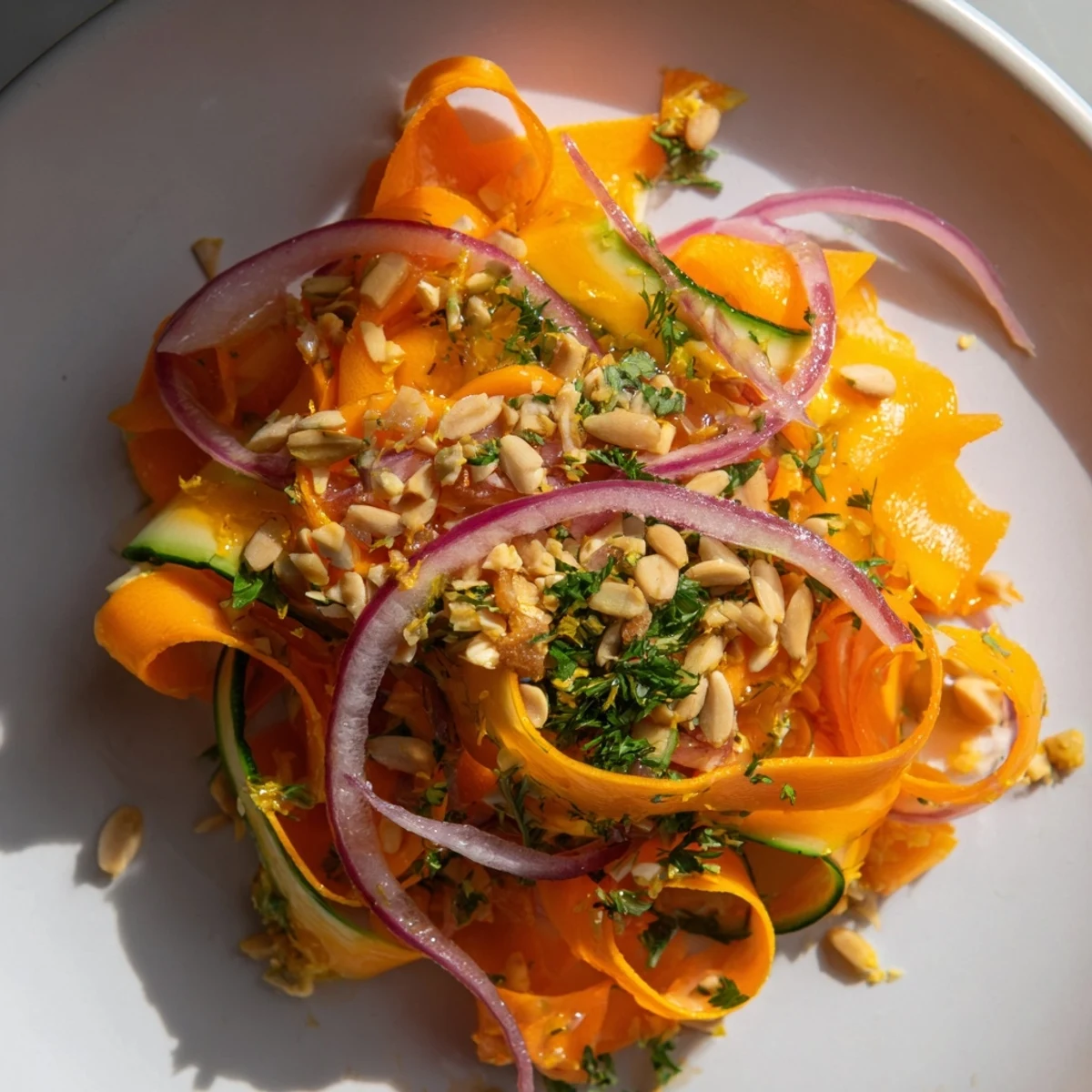 Fresh carrot ribbon salad tossed with zesty citrus dressing and parsley.