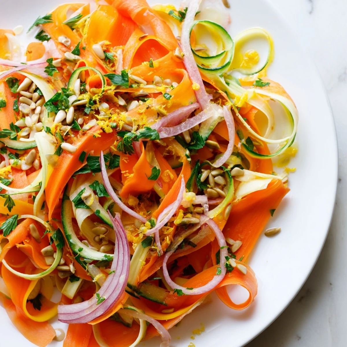 Vibrant carrot ribbons and cucumber in a light citrus vinaigrette garnished with seeds.