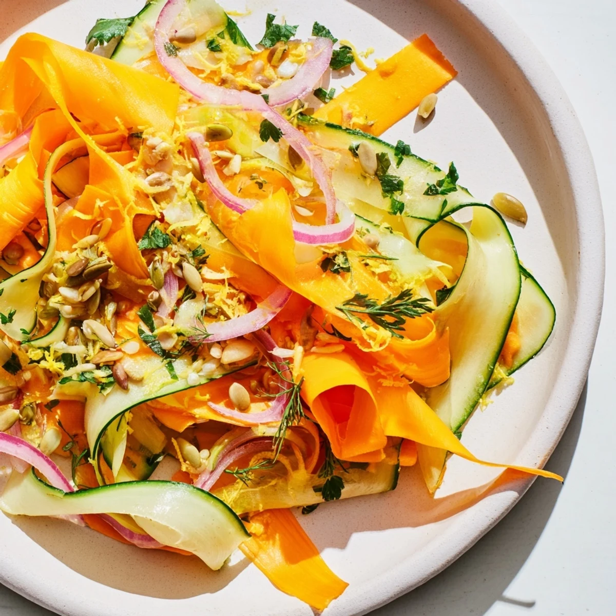 Delicate carrot ribbon salad served with lemon zest and sunflower seeds.