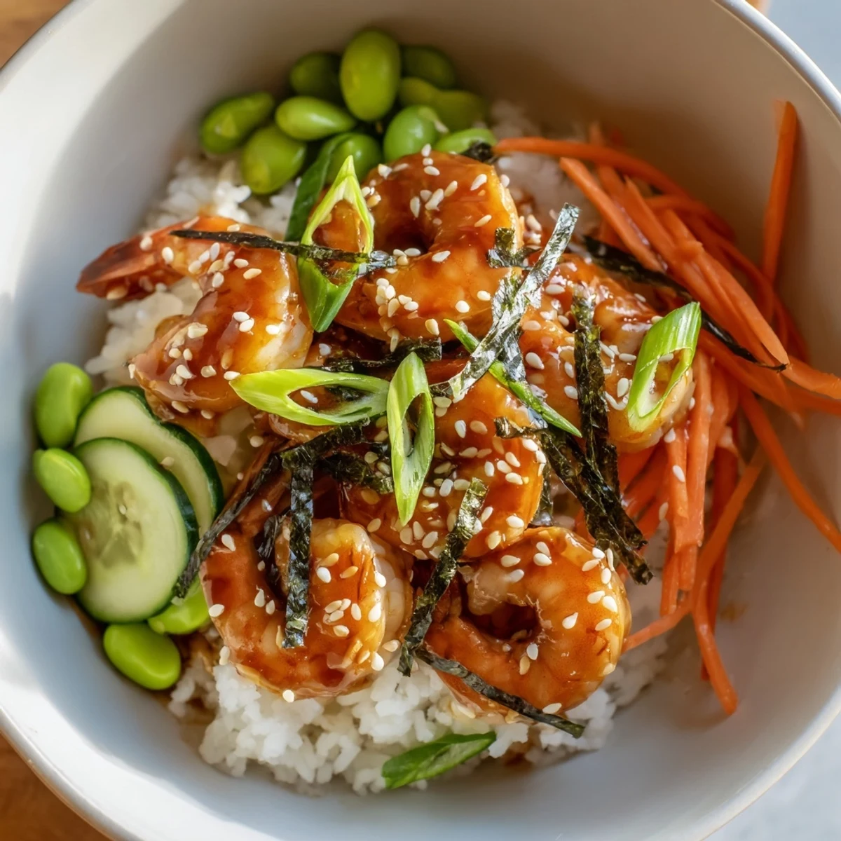 Fluffy rice bowl with sweet teriyaki shrimp, carrots, and sesame seed garnish  