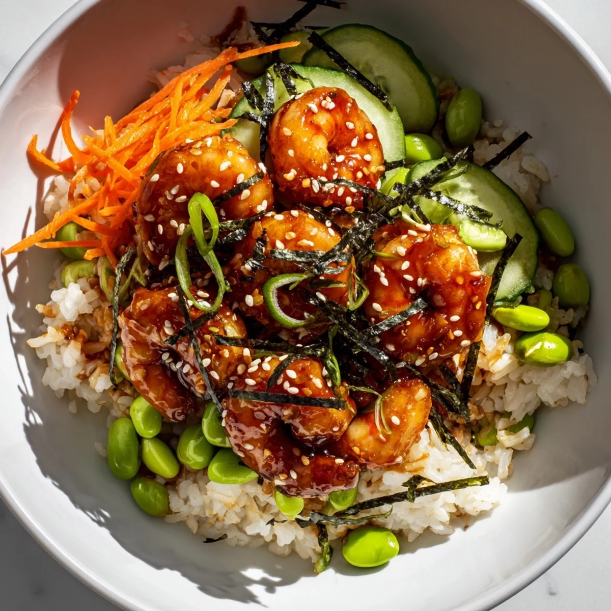 Teriyaki Shrimp Rice Bowls topped with glazed shrimp and crisp colorful vegetables  
