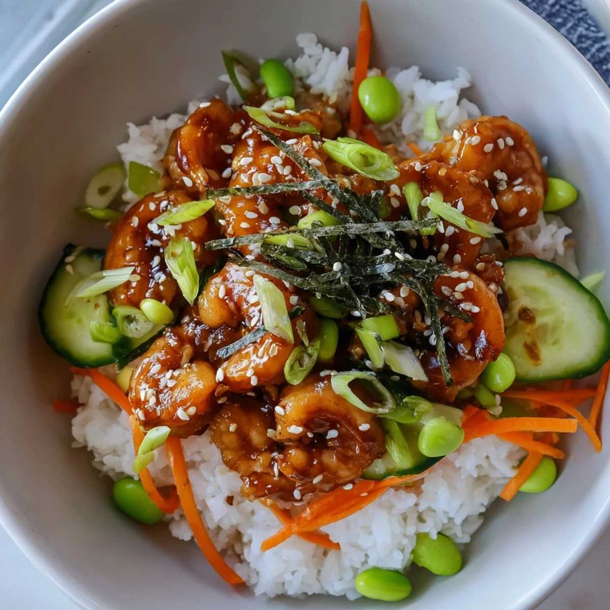 Vibrant Teriyaki Shrimp Rice Bowls featuring succulent shrimp and fresh edamame