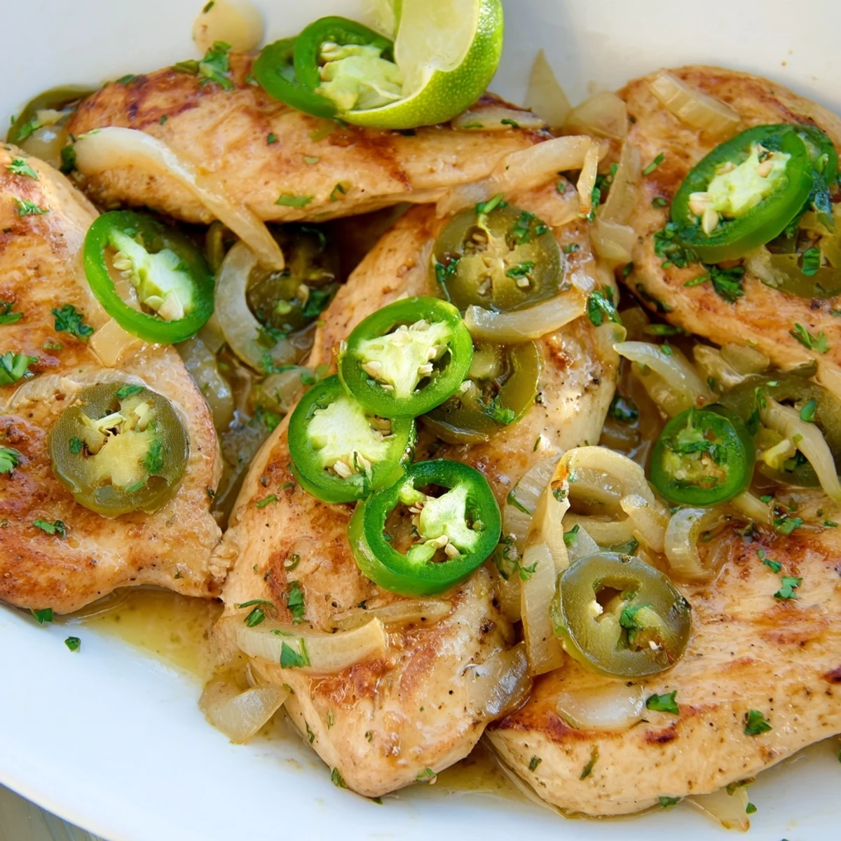 Golden spicy jalapeno chicken recipe with sliced peppers and fresh cilantro garnish.  