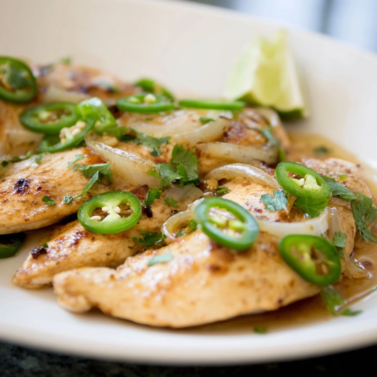 Juicy spicy jalapeno chicken recipe served with lime wedges and roasted vegetables.  