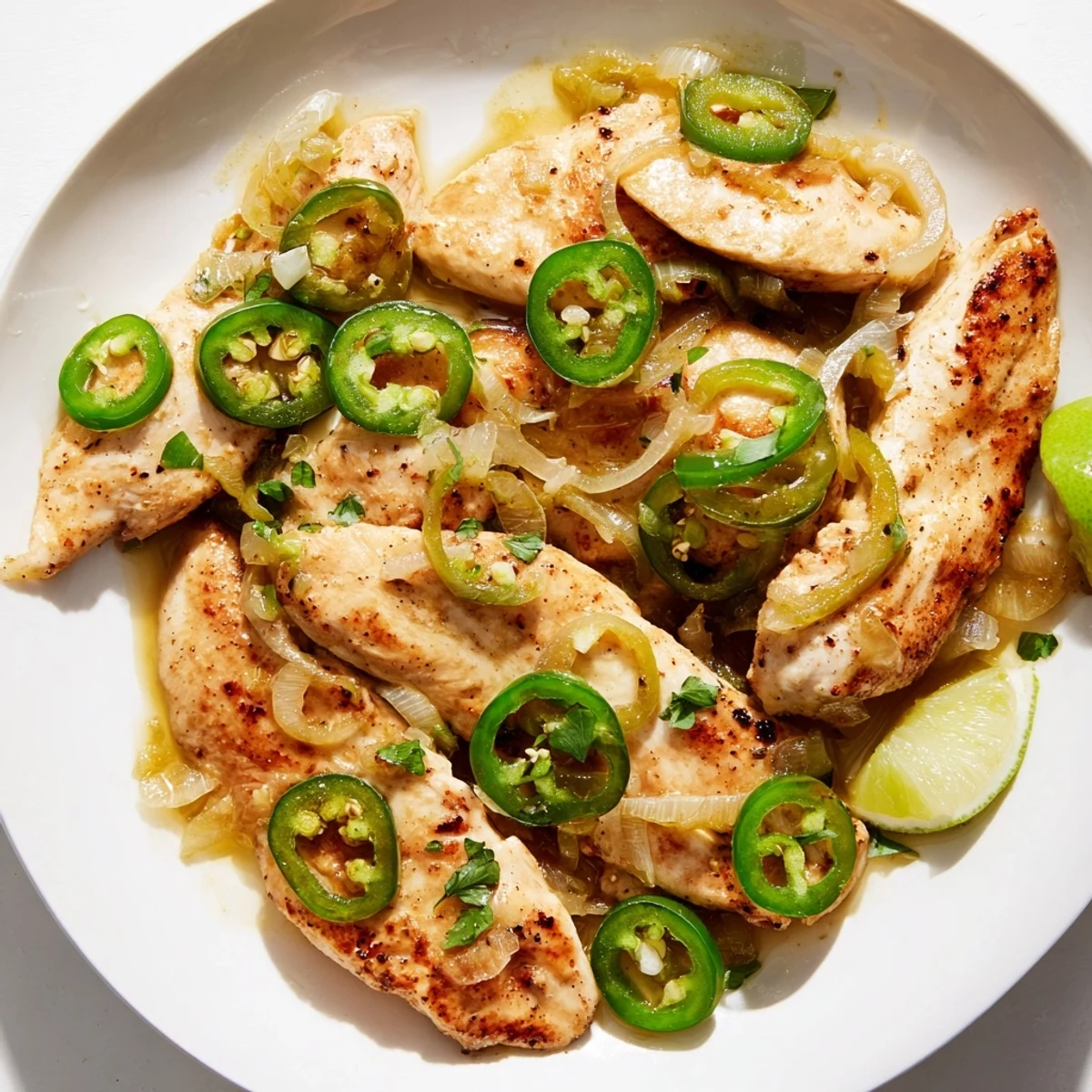 Sizzling spicy jalapeno chicken recipe cooked with garlic, onions, and vibrant green peppers.