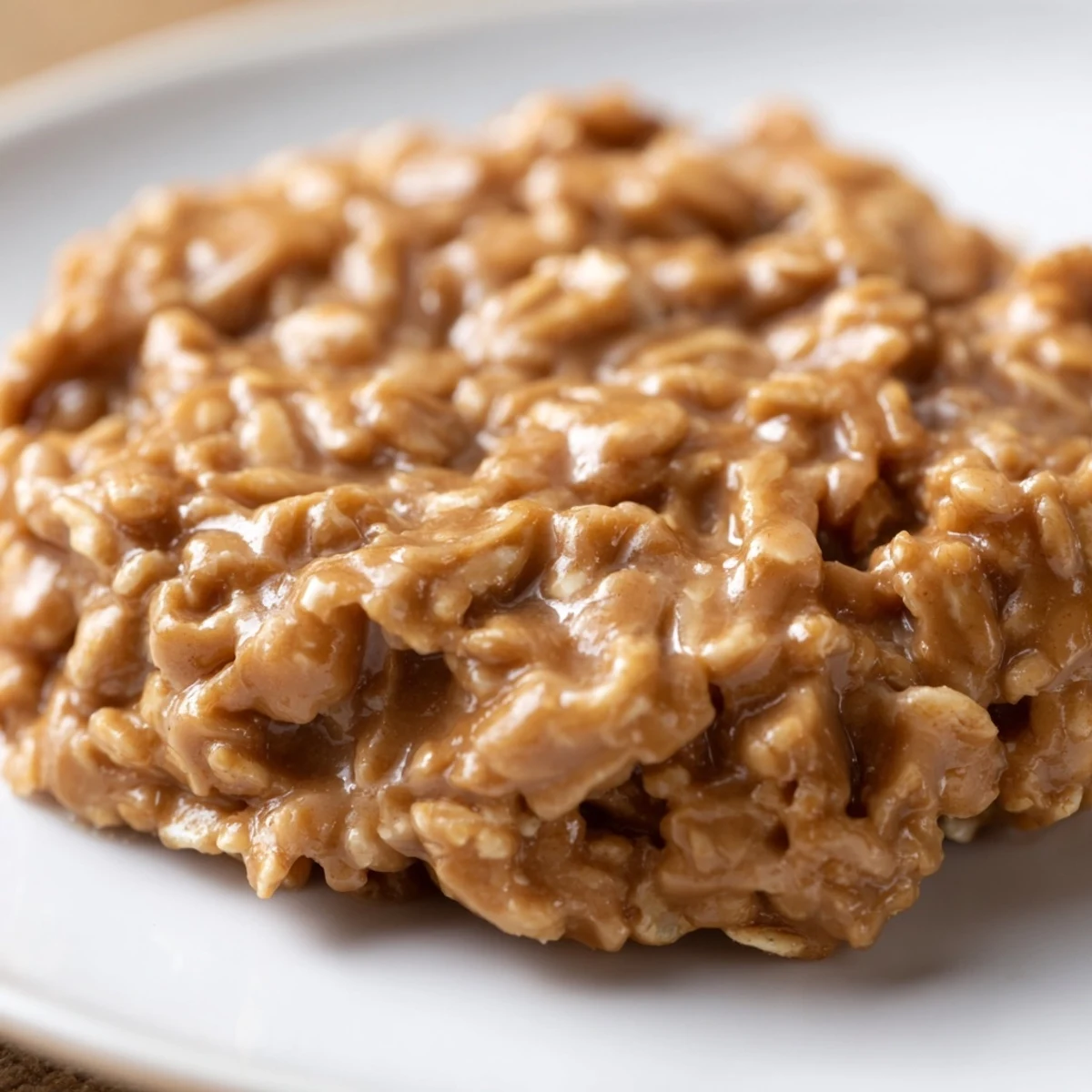 A plate of chewy Peanut Butter No Bake Cookies with creamy texture and oats.  