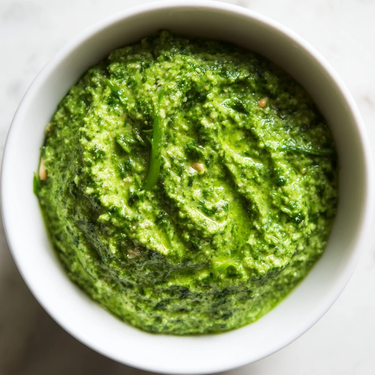 Vibrant garlic scape pesto in a bowl ready for pasta.  