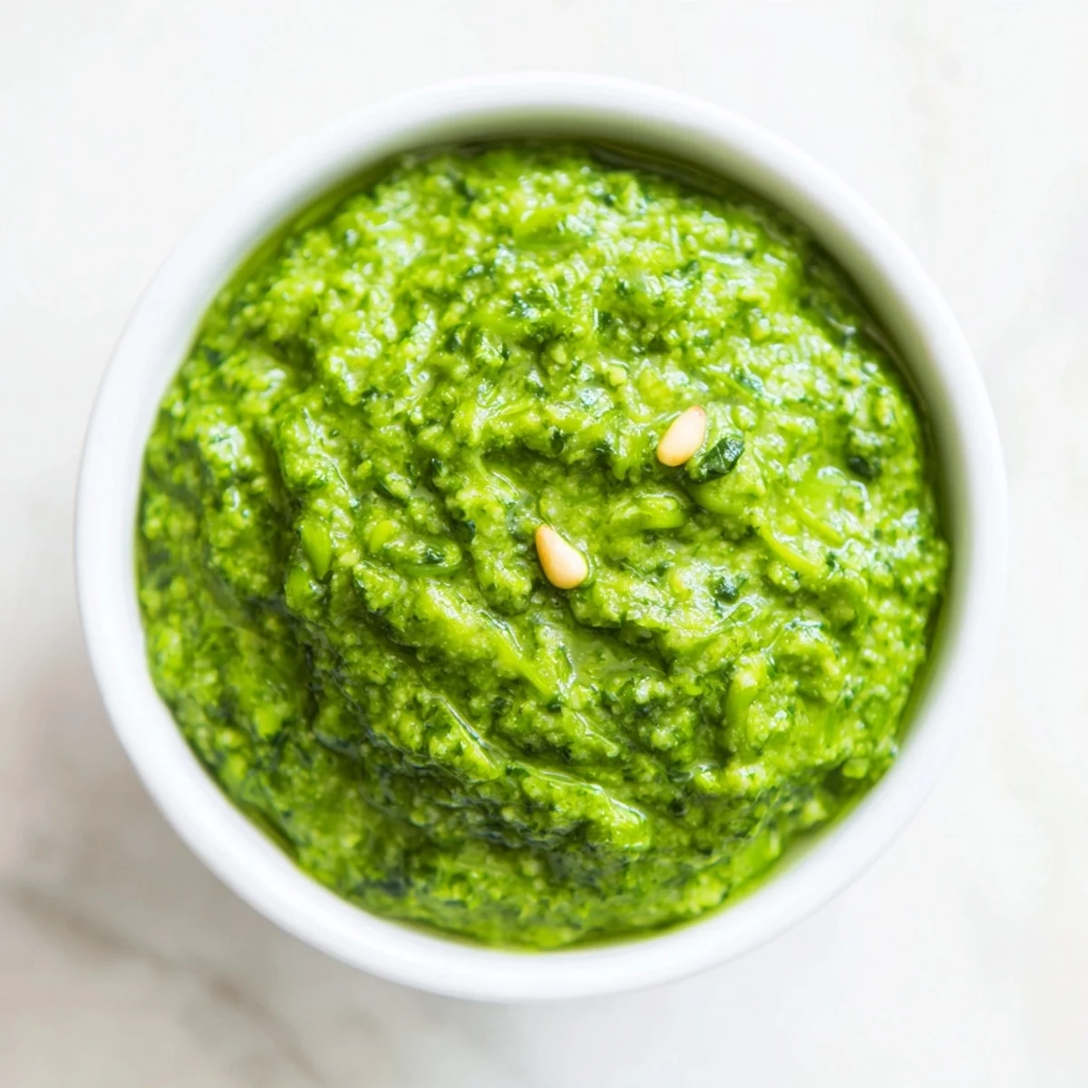 Creamy garlic scape pesto drizzled over roasted vegetables on a plate.  