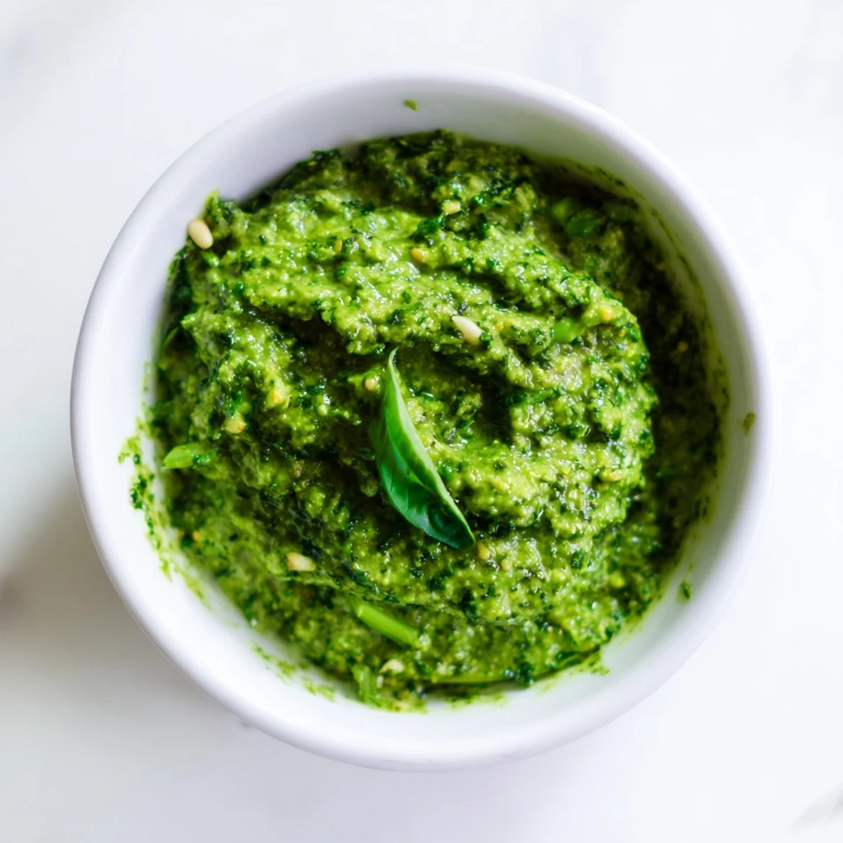 Fresh garlic scape pesto blended with basil and pine nuts.