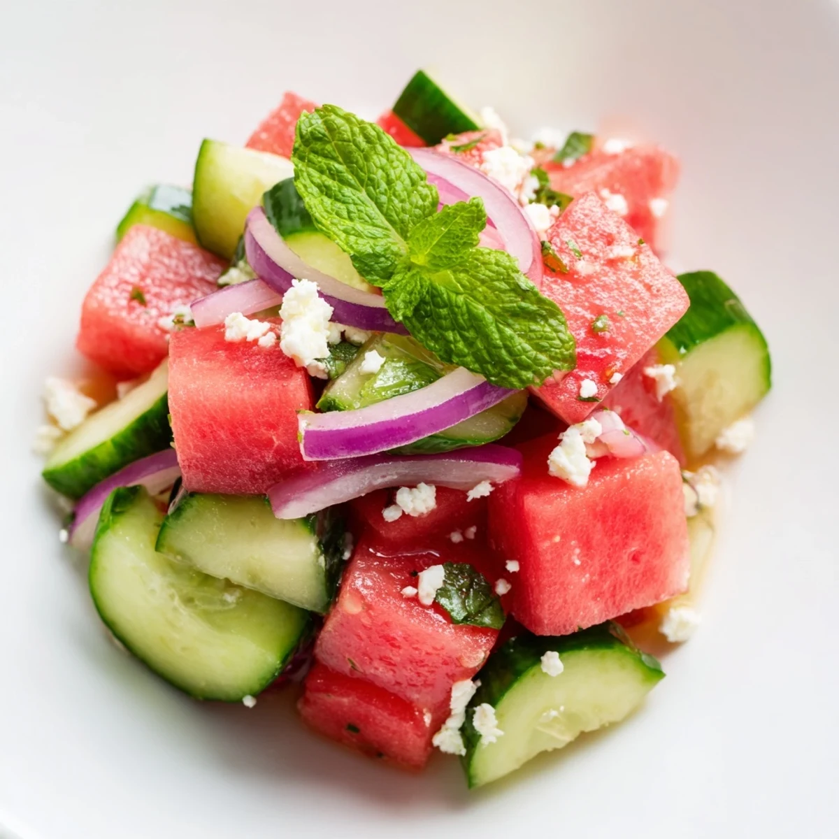 Refreshing watermelon cucumber salad with mint, lime dressing, and crumbled feta  