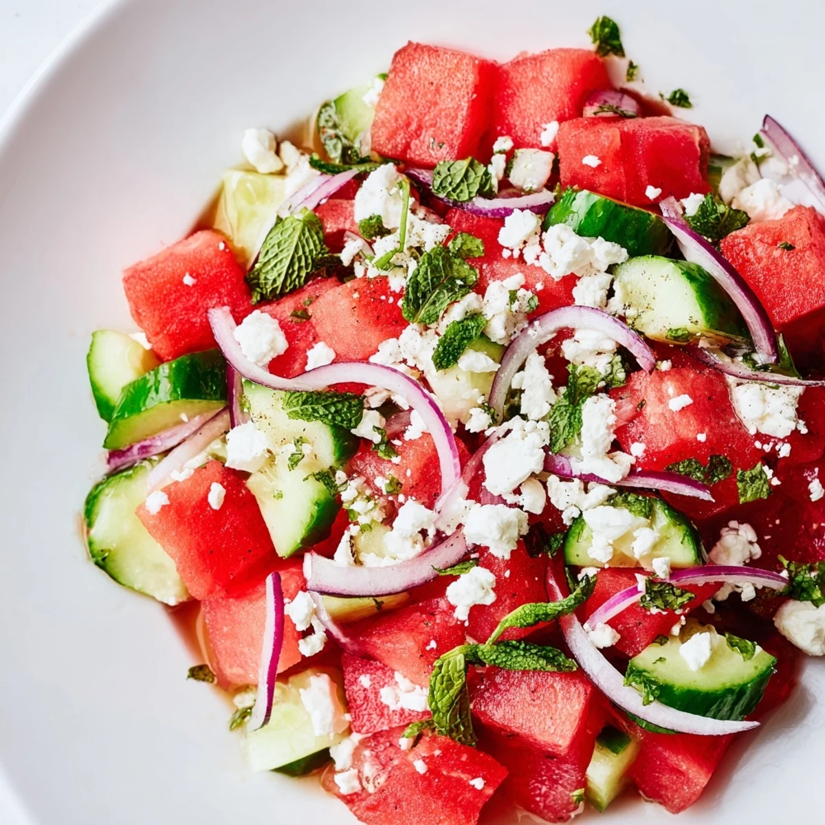 Vibrant watermelon cucumber salad bowl topped with feta and zesty lime dressing